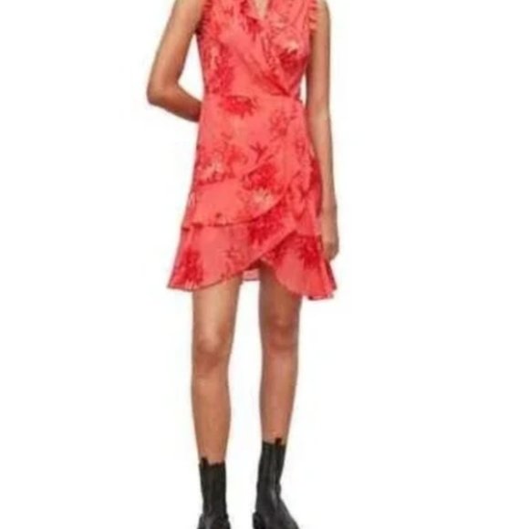 All Saints Ari Floral Print Wrap Dress in Orange Size 8 Viscose Birds Ruffles - Picture 2 of 9